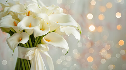 A bouquet of white calla lilies on a soft pastel background