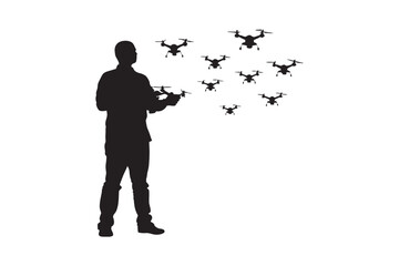 Man controlling multiple drones in the sky with a remote control drone pilot operating unmanned aerial vehicles silhouette
