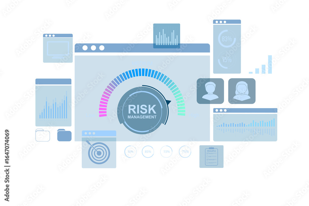 Poster risk management dashboard interface with charts, graphs, user icons, and data widgets in clean graph