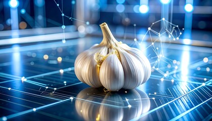 Garlic Bulb on Futuristic Digital Surface with Network Connections.