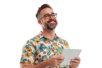 Smiling man with tablet has transparent background. Photo is for product staging, mockups, branding, or posters.