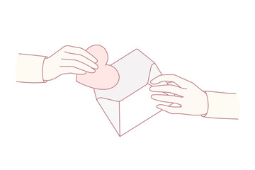 People keep paper heart in envelope share love and care. Hand take out heart symbol from letter, get valentine postcard. Support and charity concept. Vector illustration.