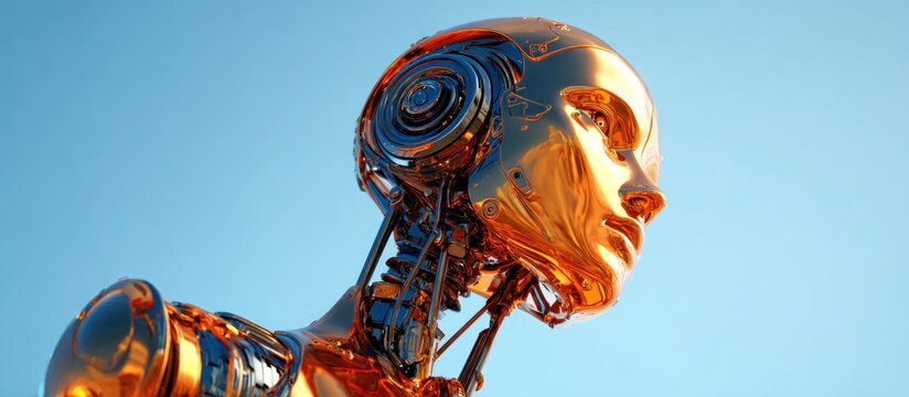 A polished golden android, head and upper torso, against a clear blue sky, looking ahead