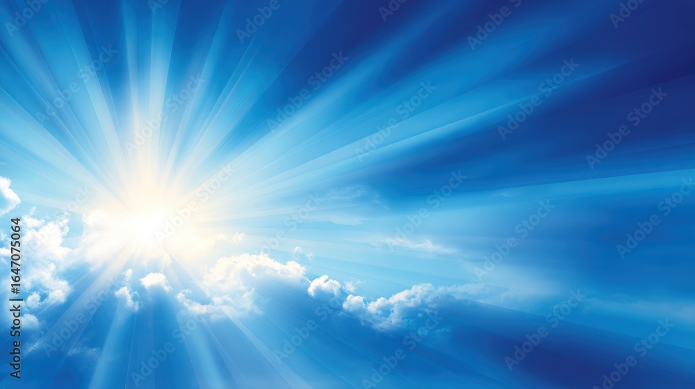 Poster bright sun rays piercing through a clear blue sky with soft clouds creating a serene atmosphere