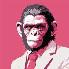 A monkey is dressed in a suit and tie, standing against a vibrant pink background. The primate looks dapper and sophisticated, exuding a sense of professionalism and charm in this unexpected attire.