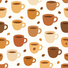 Coffee Cups and Beans Seamless Pattern.