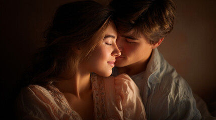 Romantic couple at sunset where man kisses woman on forehead