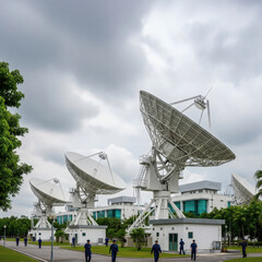 Satellite ground station facility with multiple large parabolic antennas under cloudy sky