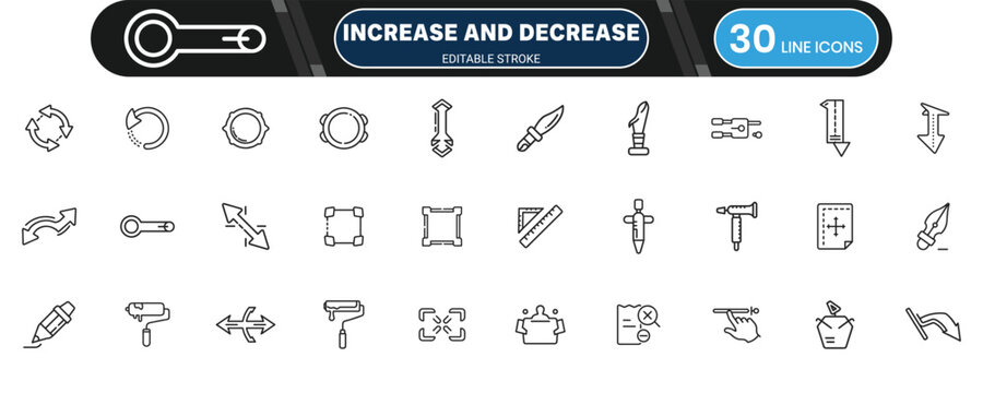 Increase and Decrease Stroke Line Icon Set for User Interface Design, Adjustments and Controls