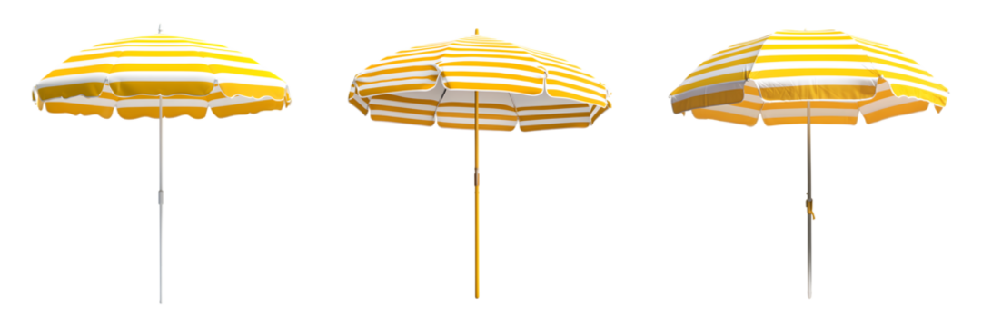 Yellow and white striped beach umbrellas set isolated on transparent background, PNG format, cut out