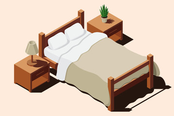 Isometric bed with bedside tables. Bedroom interior with bed, nightstands and night lamp. Isometric bedroom furniture
