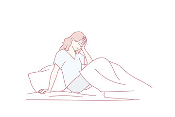 Mental disorder, loneliness, depression concept. Sad unhappy Woman staying in bed in her bedroom waking up with headache, fatigue, migraine or suffering from insomnia vector illustration