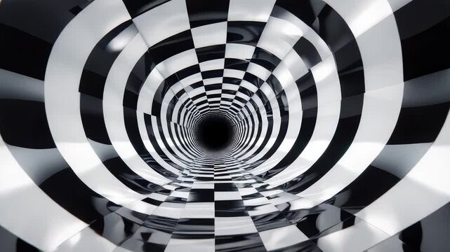 Black and White Checkered Tunnel with Spiraling Walls Leading to Dark Center in Optical Illusion Design