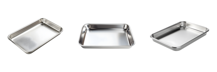 St of empty stainless steel tray isolated on transparent background, PNG format, cut out