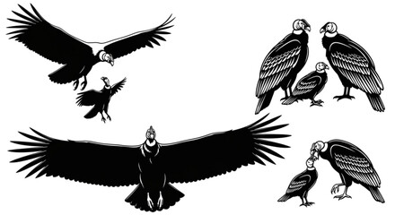 Obraz premium Illustration of several andean condors in various poses with wings spread and standing