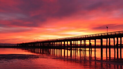 Obraz premium Serene sunset view over a tranquil pier reflecting vibrant colors on the water's surface