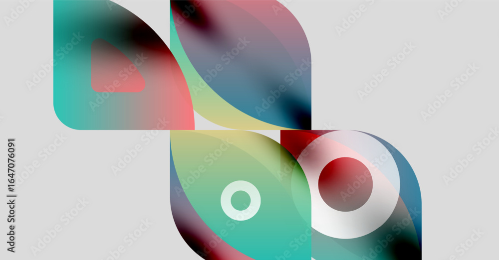 Poster abstract shapes overlap, creating vibrant color blends. soft gradients suggest depth, modern design 