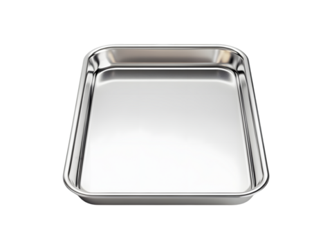 Empty stainless steel tray isolated on transparent background, PNG format, cut out