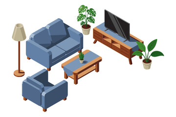 Isometric living room. Living room interior. Room includes sofa, table, tv, plants and other furniture. Isometric home furniture