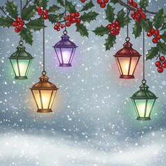 Festive winter scene with glowing lanterns hanging from a holly branch amidst falling snow