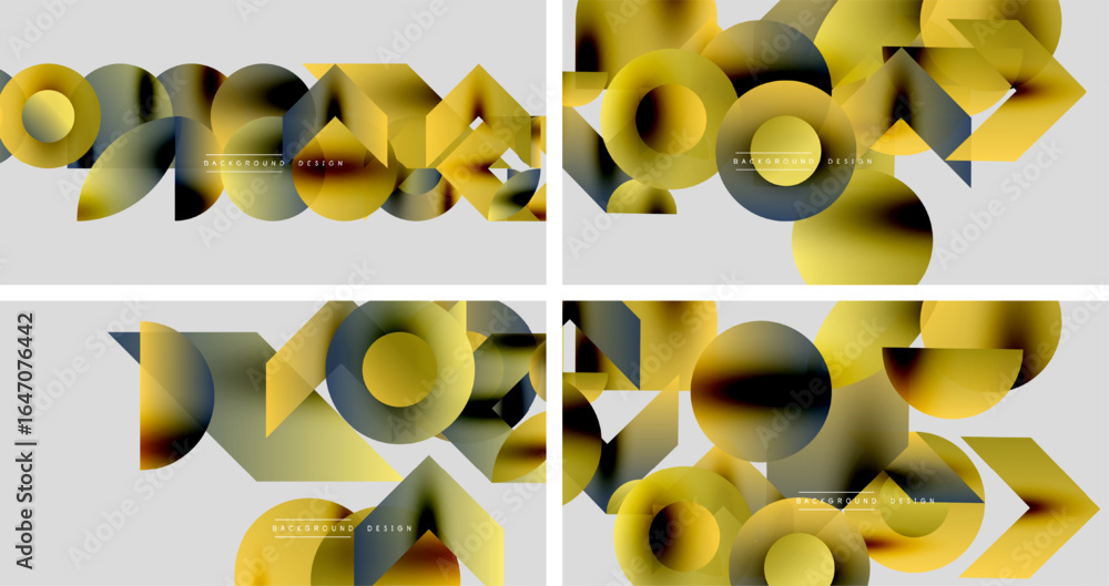 Poster abstract geometric patterns. overlapping circles create dynamic compositions. gold, black, gray colo