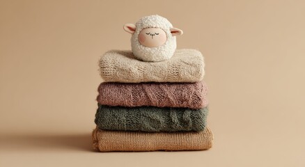 Cute knitted sheep toy sitting on stack of colorful wool sweaters - cozy baby clothing concept