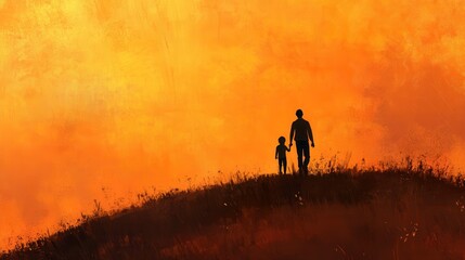 Fototapeta premium Silhouette of a Parent and Child against a Warm Sunset Background