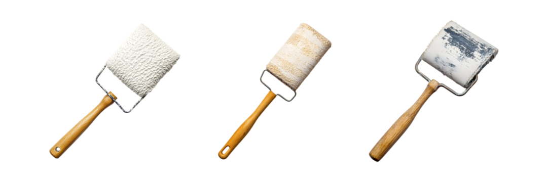 Set of paint roller with wooden handle isolated on transparent background, PNG format, cut out