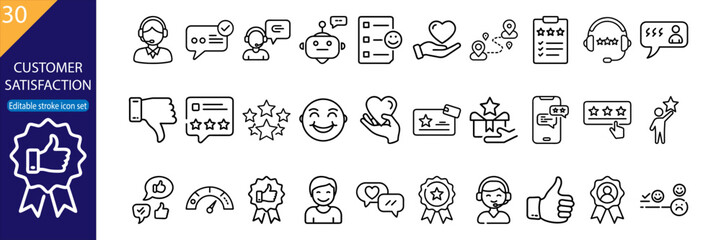 30 Customer Satisfaction Vector Icons – Clean Line Icon Set