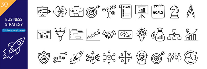 30 Business Strategy Vector Icons - Clean Minimal Line Pack