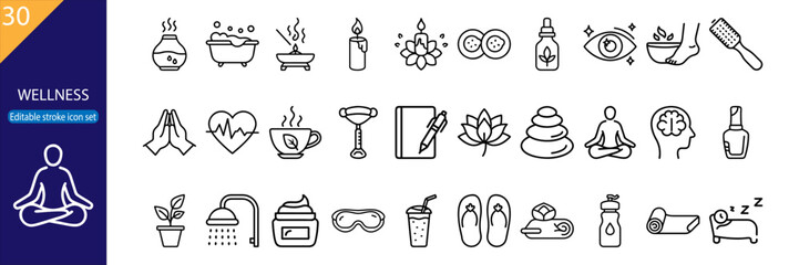 30 Wellness & Self-Care Vector Icons – Minimal Line Pack