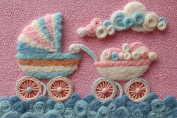 Hand embroidered baby carriage with floral decoration on pink felt fabric - handmade craft