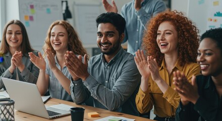 Diverse Team Celebrates Success Clapping Hands Smiling Faces.