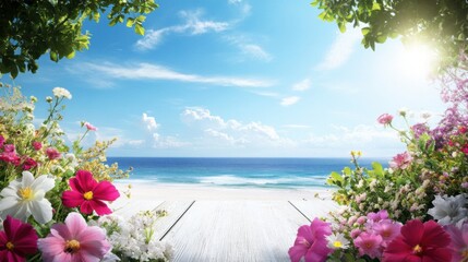 Beautiful Floral Landscape with Ocean View Under Bright Blue Sky