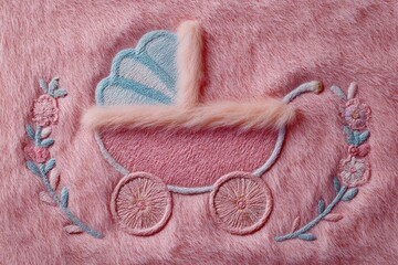 Hand embroidered baby carriage with floral decoration on pink felt fabric - handmade craft