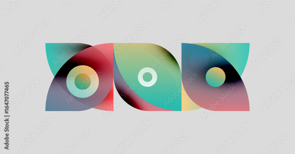 Poster abstract graphic design features overlapping colorful shapes, circles, gradients. modern aesthetic, 