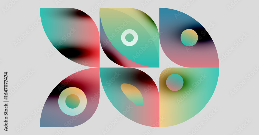 Poster abstract colorful shapes overlap, creating dynamic visual composition. gradients blend blues, reds, 
