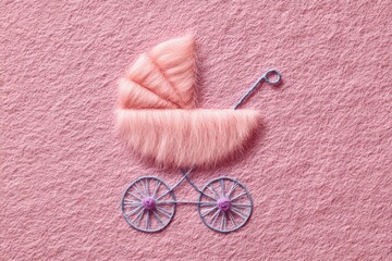 Hand embroidered baby carriage with floral decoration on pink felt fabric - handmade craft