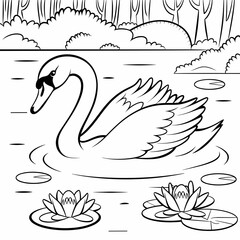 Obraz premium Black and white vector of swan gliding on pond with lily flowers and trees