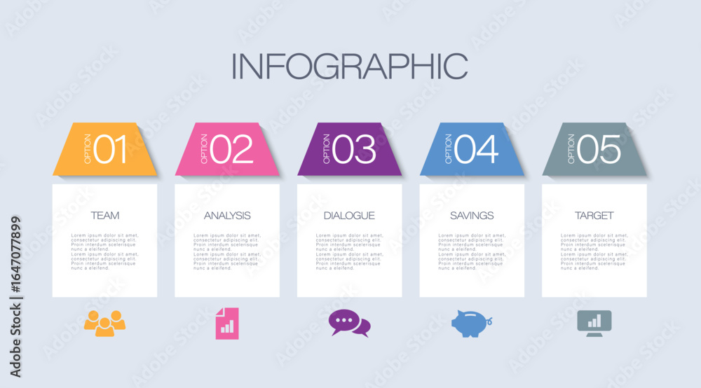 Aufkleber five-step business strategy concept. infographic layout with icons and space for data.