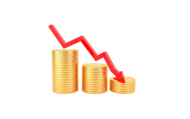Red downward trending arrow over stacks of gold coins isolated on transparent background