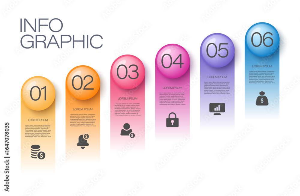 Poster six step process infographic design template. 3d infographic layout with business icons and space fo