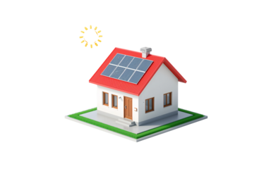 Modern house with solar panels on the roof isolated on transparent background