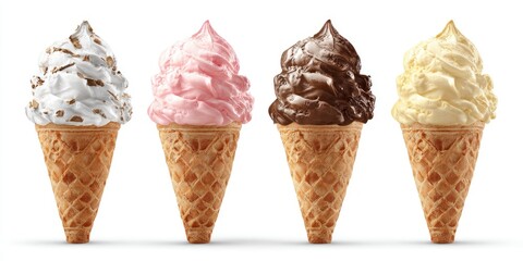 Four ice cream cones, each a different flavor, atop waffle cones