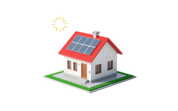 Modern house with solar panels on the roof isolated on transparent background