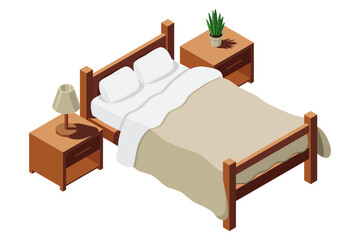 Isometric bed with bedside tables. Bedroom interior with bed, nightstands and night lamp. Isometric bedroom furniture