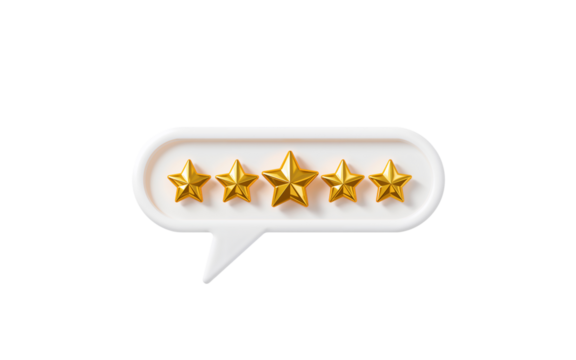 Five golden stars in a white speech bubble isolated on transparent background