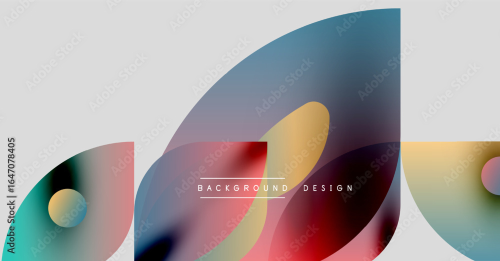 Poster abstract colorful shapes overlap, creating dynamic visual effect. soft gradients blend, forming mode