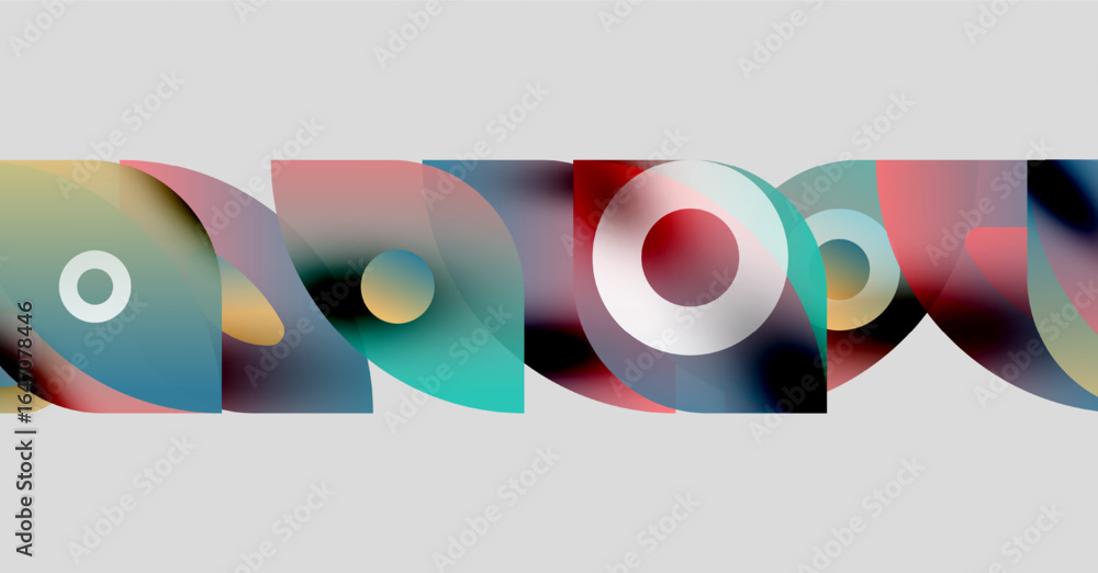 Poster abstract colorful shapes overlap, creating dynamic visual flow. circles, curves, gradients dominate 