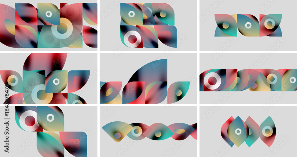 Poster abstract colorful shapes arranged in grid. overlapping forms create dynamic visual patterns, soft gr